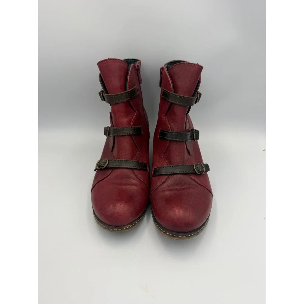 Eric Michael Burgundy Leather Triple Buckle Wedge Ankle Boots Spain 8.5 EU 39